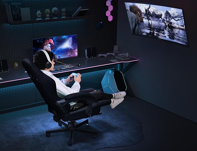 Gaming Chair Breathable Leather with Pocket Spring Cushion,Wide and High Ergonomic Office Chair with Headrest,Computer Gaming Chair with Footrest for Adult and Teen,Black