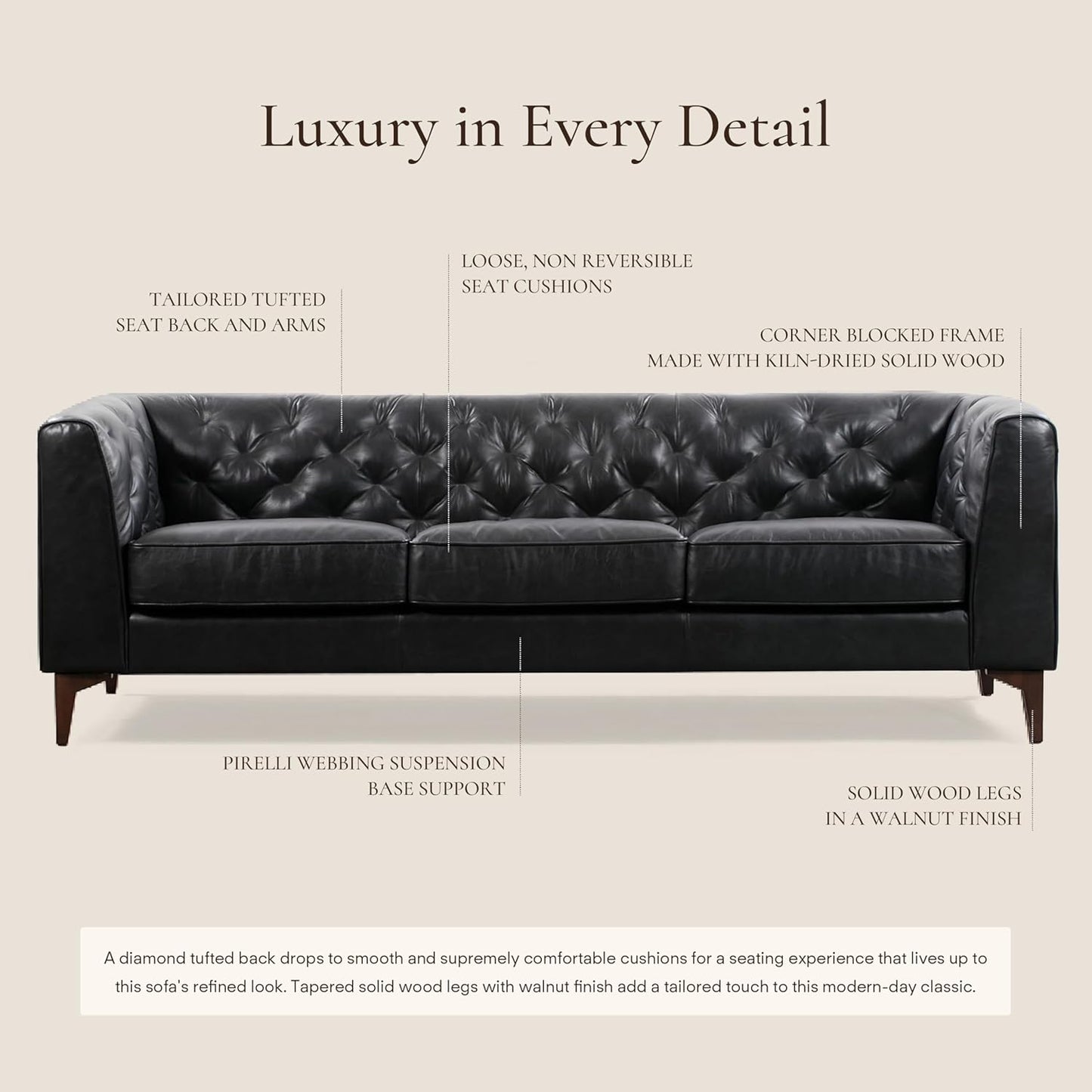 Poly & Bark Essex Leather Couch - 89-Inch Sofa with Tufted Back - Full-Grain Leather Sofa for Living Room with Feather-Down Topper - Living Room Couch - Vintage Italian Leather in Onyx Black