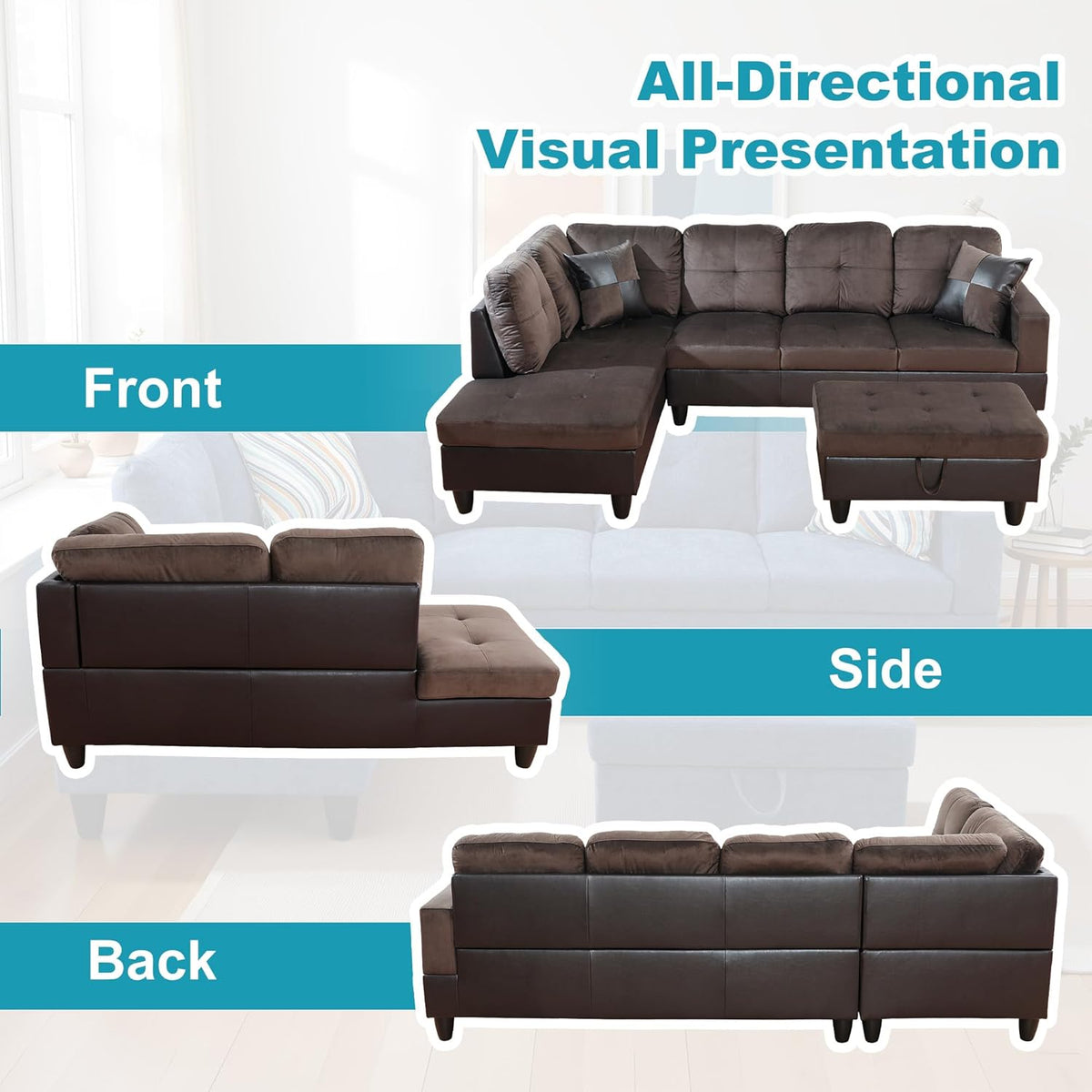 L Shaped Couch Upholstered Flannel Fabric 3 Pieces Sofas for Living Room with Chaise, Storage Ottoman for Office and Small Apartment, Dark Brown