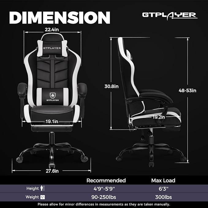 GTPLAYER Gaming Chair, Computer Gaming Chairs for Adults with Footrest, Height Adjustable PC Game Chair with 90-155° Recline & Removable Headrest Lumbar Support, Black-White