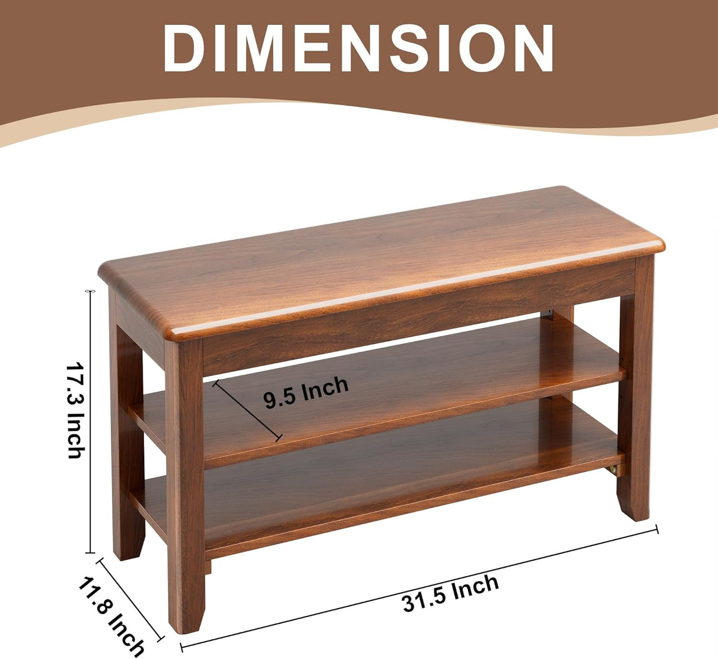 Shoe Storage Bench for Entryway - 3 Tier Shoe Rack for Front Door Entrance, Rubberwood Shoes Rack Height Adjustable, Entryway Bench with Shoes Storage for Any Room (Walnut, 31.5" W)