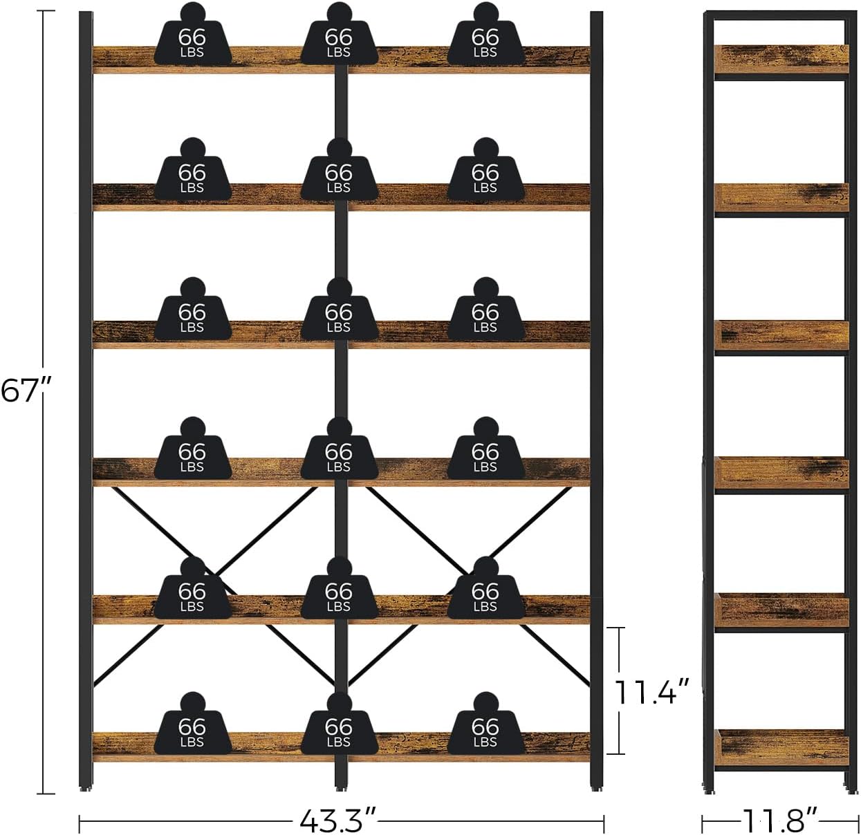 Seventable Bookshelf 6 Tier with 4 Hooks, 67” Industrial Wooden Bookcase, Vintage Storage Rack with Open Shelves, Rustic Standing Bookshelves Metal Frame 43.3” Wide Display Rack, Rustic Brown