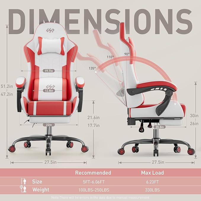 HLDIRECT Gaming Chair, Ergonomic Video Game Seat with 360° Swivel & Lumbar Massage, Computer Chair PU Leather Cushion for Adults Home/Office Use (White & Red)