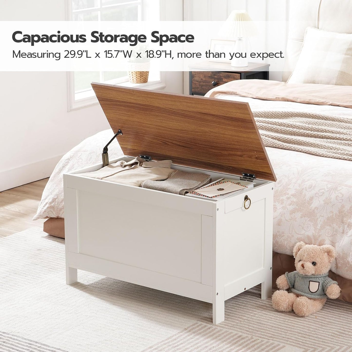 HOOBRO Toy Box, Retro Wooden Look Storage Chest with Safety Hinge, Entryway Storage Bench Supports 220 lb, 29.9 x 15.7 x 18.9 Inches Toy Chest Organizer, Easy Assembly (White and Walnut) WH75CW01G1