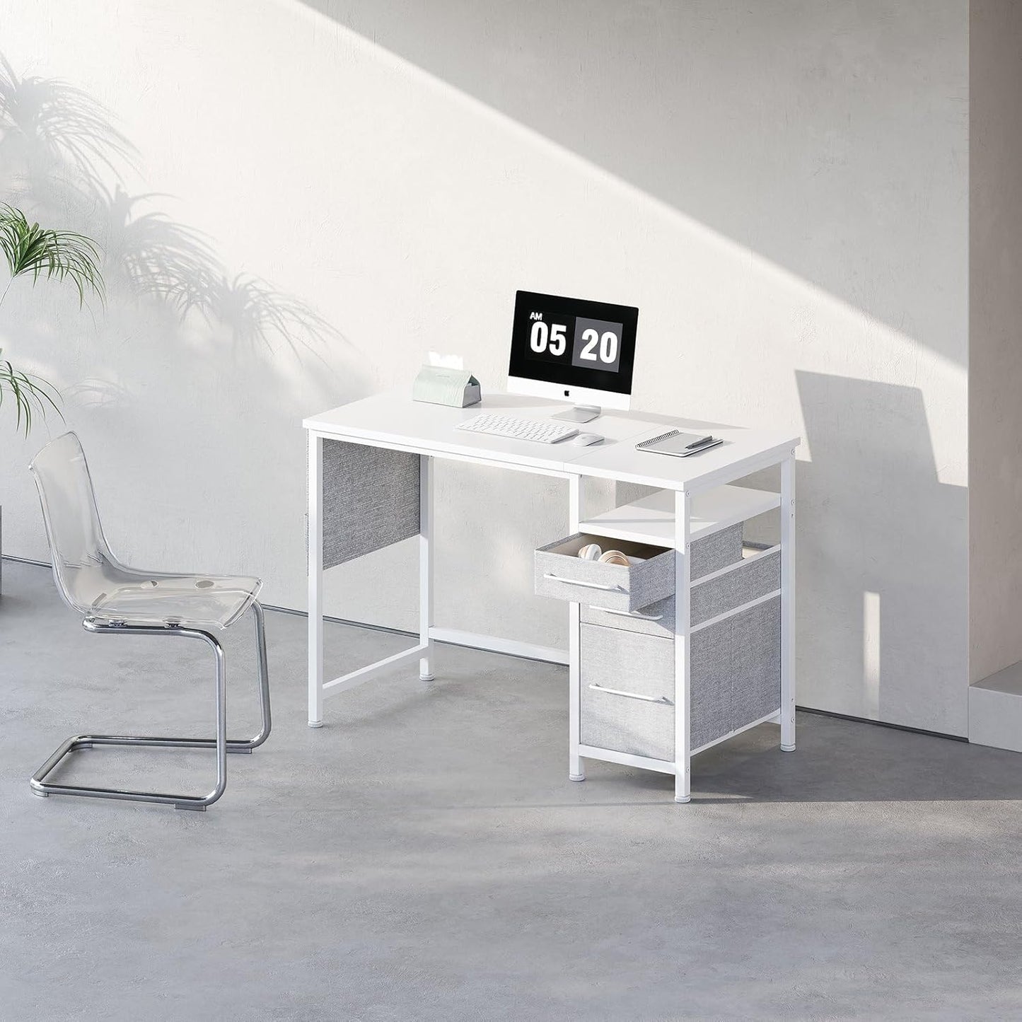 Ｍａｉｈａｉｌ Maihail Small Desk with Drawers, 40 inch Computer Desk with Shelves, Writing Desk with Storage, Small Office Desk with Metal Frame, White