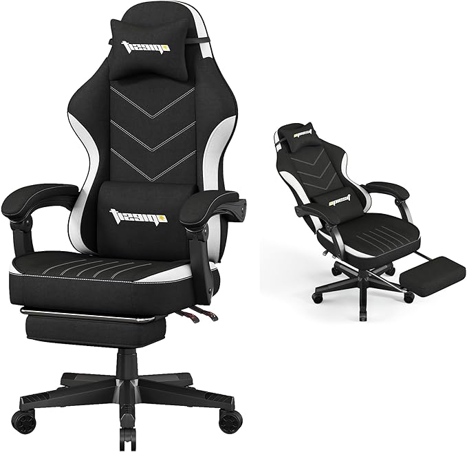 Gaming Chair,Fabric Computer Chair with Pocket Spring Cushion,400 lb Load Capacity,Ergonomic Office Chair with Footrest,Height Adjustable Video Gamer Chair with Lumbar Support (Black)