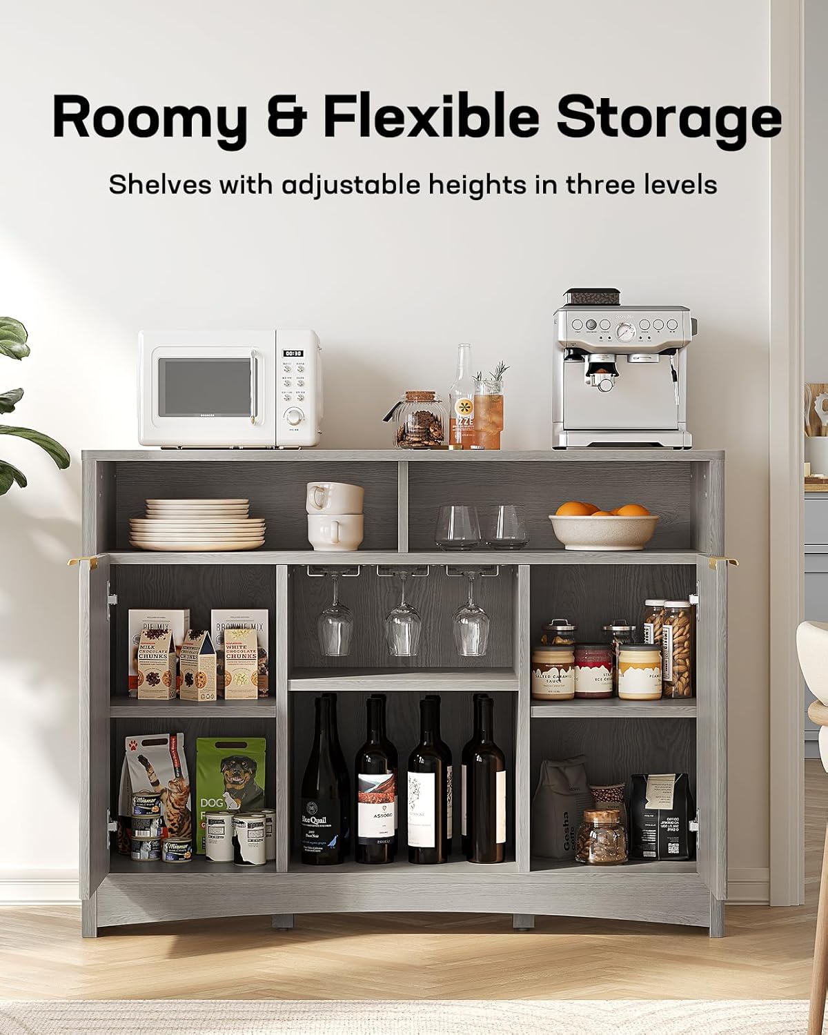 Marsail 47.2" Bar Cabinets with Storage, Modern Buffet Cabinet, Large Sideboard with 2 Fluted Panel Doors, Coffee Bar Cabinet with Adjustable Shelf and Glass Rack for Kitchen, Living Room, Grey