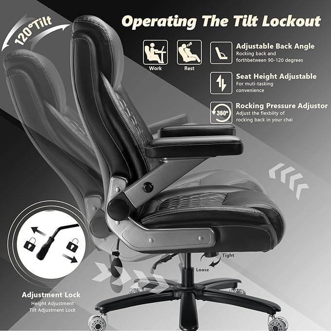 600LBS Large Heavy Duty Office Chair with 5D Flip Arms,Comfy Big and Tall Executive Office Desk Chair with Pocket Spring Cushion,High Back Computer Chair with Lumbar Support,Dual Rubber Wheel
