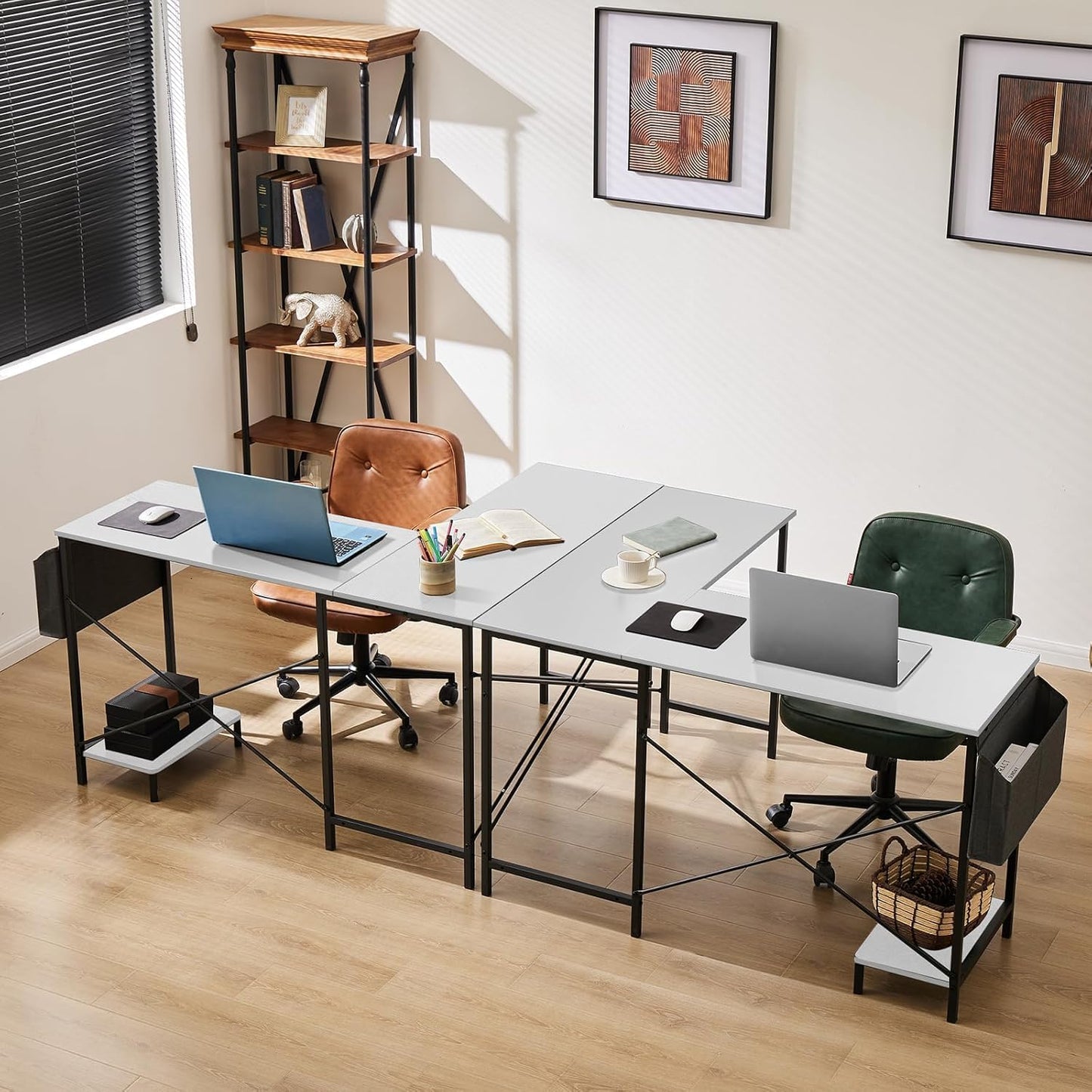 Whitmor L Shaped Gaming Desk - 50 Inch Reversible Corner Computer Desk with Wood Top, Metal Frame, CPU Stand & Side Bag, Home Office Dorm Sturdy Writing Workstation, White