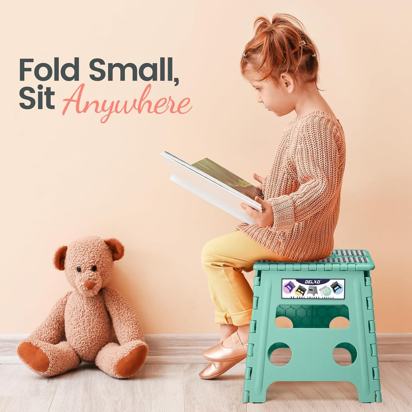 Delxo Folding Step Stool 13 Inch Non-Slip Foldable Stools Up to 300 LBS Kitchen Collapsible Fold Up Stepping Stool with Dotted 1 Pack Green