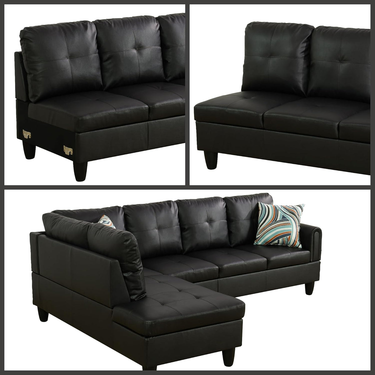 L Shaped Couch Sectional Couches with Chaise, 3 Pieces Modular Convertible Sofa for Living Room Furniture Sets and Small Apartment Faux Leather, Black