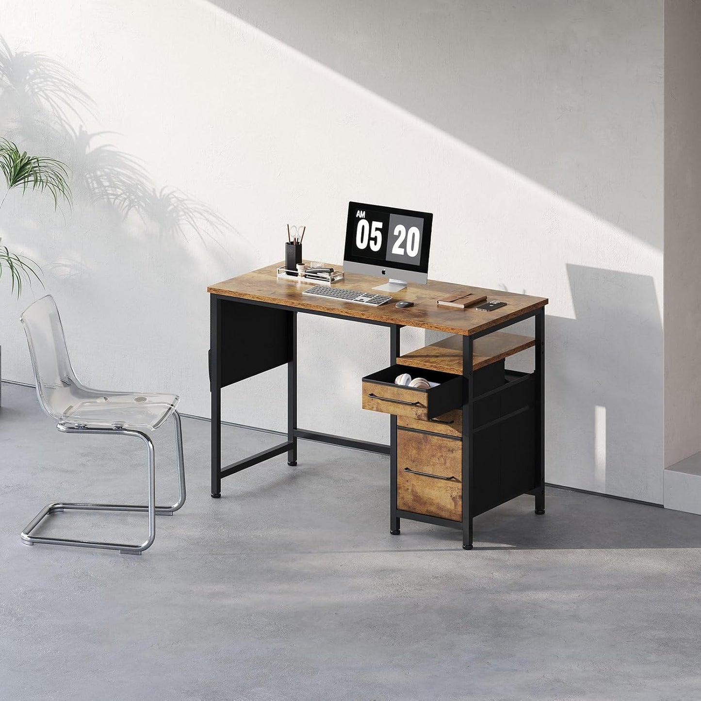 Ｍａｉｈａｉｌ Maihail Small Desk with Drawers, 40 inch Computer Desk with Shelves, Writing Desk with Storage, Small Office Desk with Metal Frame, Rustic Brown2