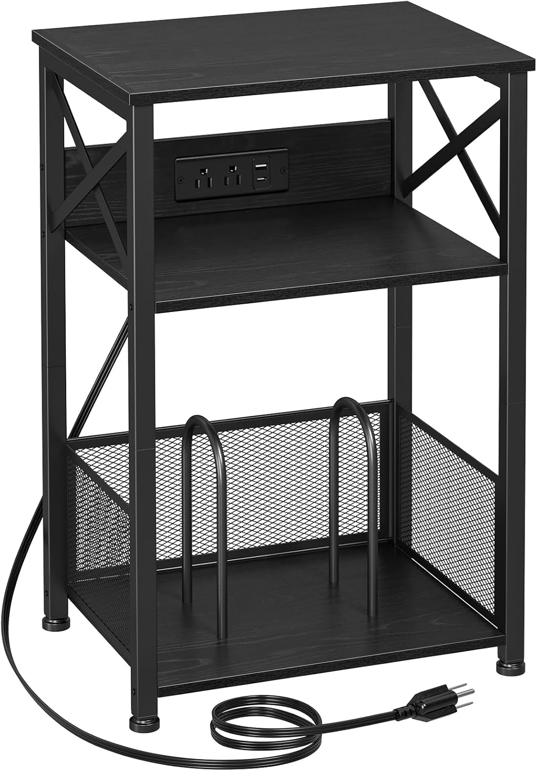 AMHANCIBLE Record Player Stand with Charging Station, Turntable Stand with Storage Cabinet, 3 Tier End Table Hold Up to 100 Albums, Record Stand for Vinyl, Living Room, Black, HETCD01BK-1