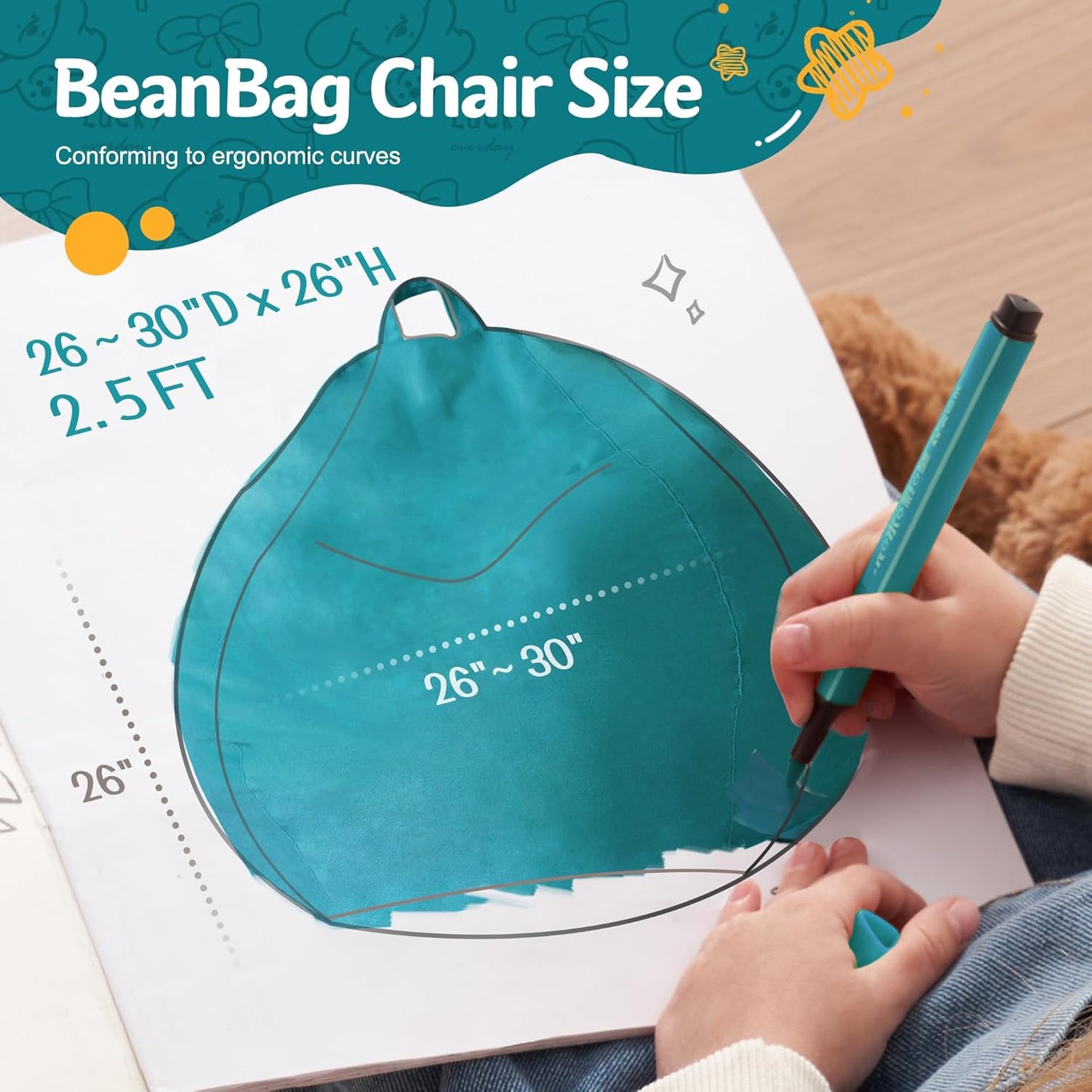 Homguava 2FT Bean Bag Chair: 2' Bean Bags with Memory Foam Filled,Comfy Beanbag Chairs Round Bean Bag Sofa with Dutch Velvet Cover-Sea Blue