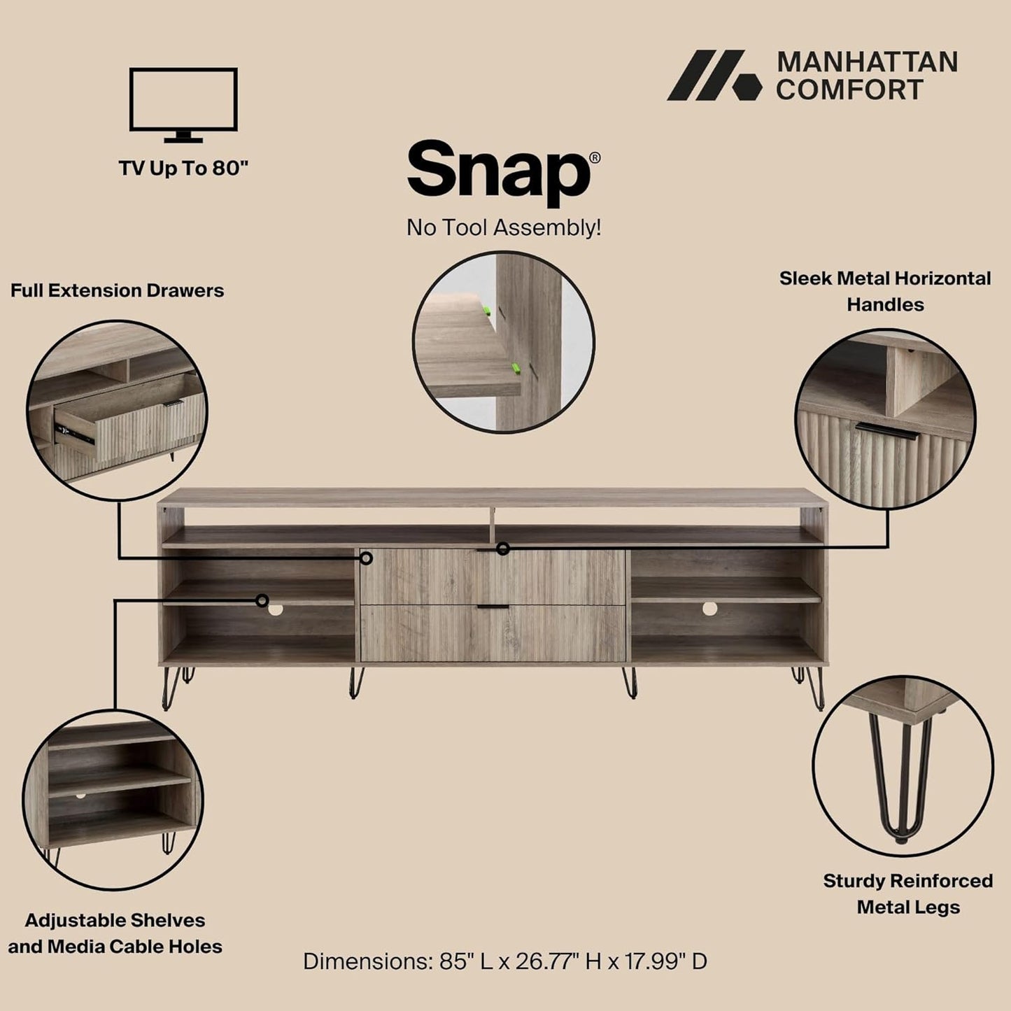 Manhattan Comfort Dumbo Mid Century Modern TV Stand for Televisions up to 80 Inches, Home Entertainment Center with Storage, 6 Shelves, 2 Drawers, No Tool Assembly, 85" Wide, Rustic Grey