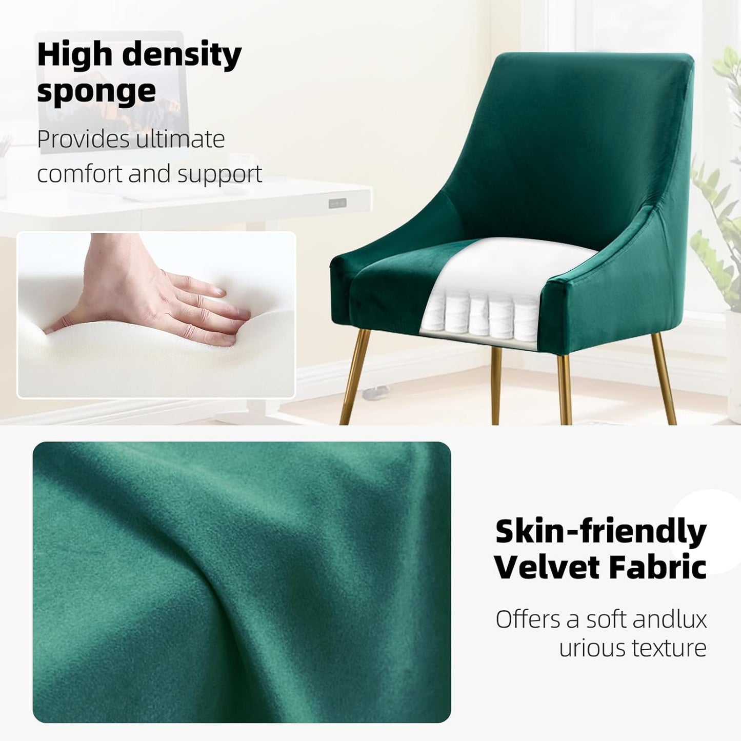 Velvet Dining Chairs Set of 2, Furniture Collection Modern Contemporary Upholstered with Polished Gold Metal Legs(Green)
