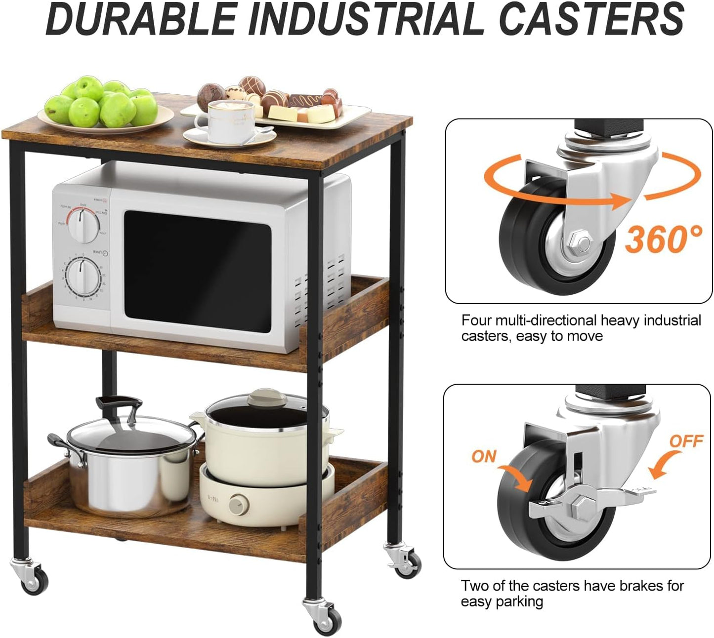 Kitchen Microwave Cart, 3 Tier Rolling Utility Cart on Wheels Coffee Cart, Storage Islands for Living and Kitchen Room