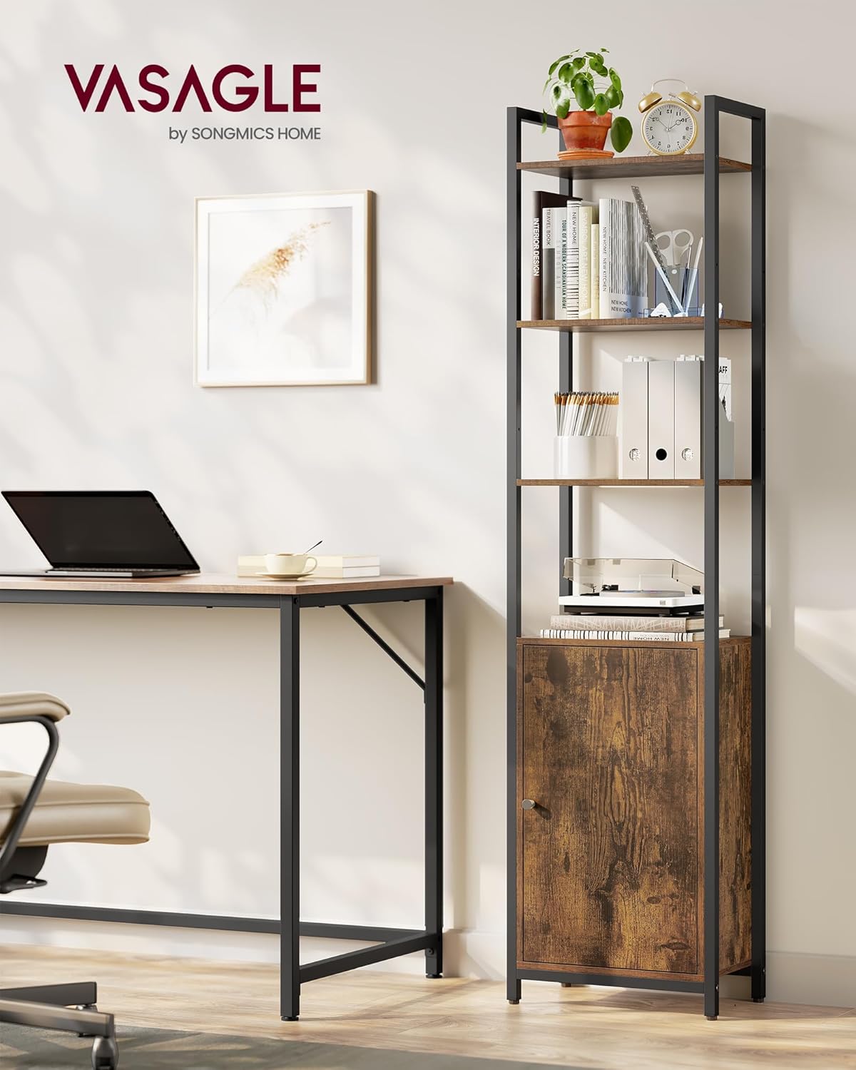 VASAGLE 6-Tier Bookshelf, Tall Bookcase with Cabinet, Steel Frame, Adjustable Shelves, 9.4 x 15.7 x 62.8 Inches, Living Room Bedroom, Rustic Brown and Ink Black ULLS132K01