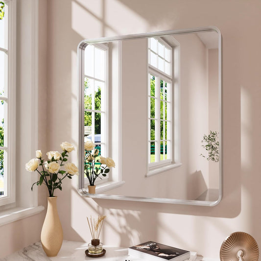 Brushed Nickel Bathroom Mirror 36x36 Inch, Brushed Silver Metal Frame Mirror Wall Mounted, Rounded Bathroom Vanity Mirror, Tempered Glass, Anti-Rust, Horizontal/Vertical