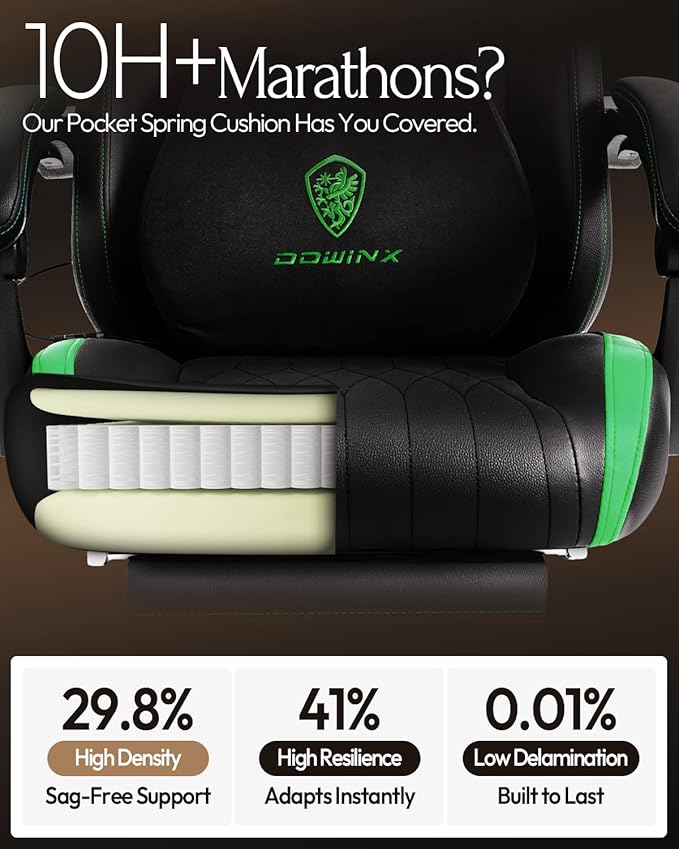 Dowinx Gaming Video Gaming Chair with Shiatsu Neck Massage and Lumbar Support for Home Office High Back Recliner Height Adjustable Ergonomic Comfy Leather Computer Desk Chair (Green)