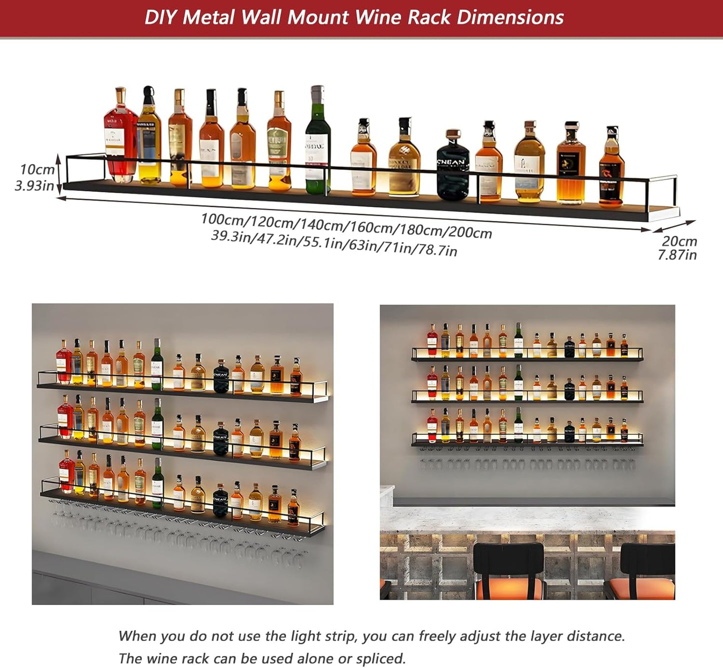 71in Wall-Mounted Metal Wine Rack with LED Lights 3-Tier Floating Bar Shelves with Wine Glass Rack Large Wine Bottle Display Rack Hanging Shelf, for Home Bar Dining Room Decorative (black, 180cm/71in)