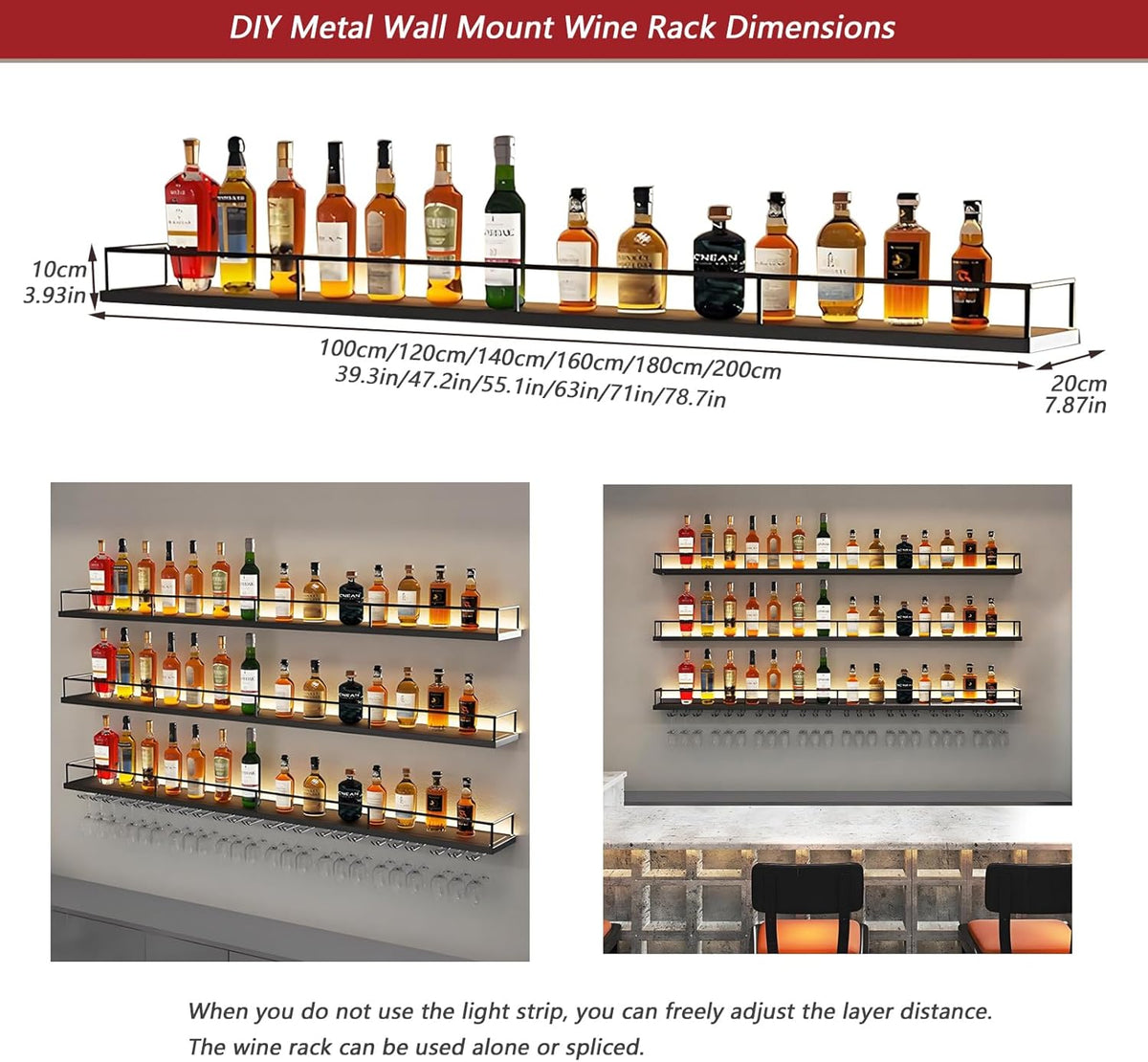 Wall-Mounted Metal Wine Rack with LED Lights 3-Tier Floating Bar Shelves with Wine Glass Rack Large Wine Bottle Display Rack Hanging Shelf, for Home Bar Dining Room Decorative (Gold, 140cm/55in)