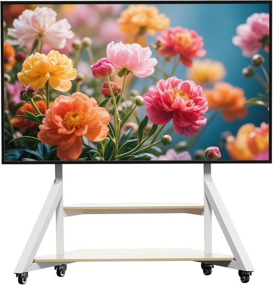unho White TV Floor Stand with Wheels Shelves for 65 to 100 inch Large LCD/LED Flat Curved Screen up to 220lbs, Adjustable Heights TV Mount Stands VESA 800x600mm, Rolling TV Stand for Bedroom Office