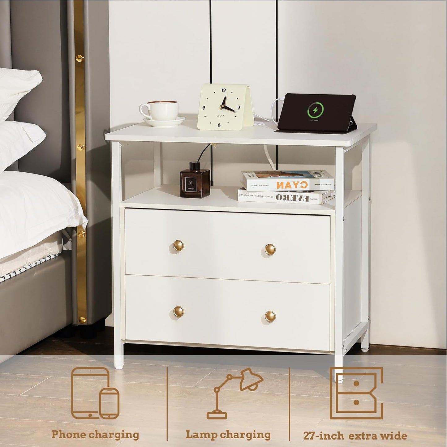 27 inch Wide Nightstand with Charging Station, Bedside Table with Open Shelf, 2 Drawers Small Wood Dresser, End Side Table for Bedroom (2 Pack,White)