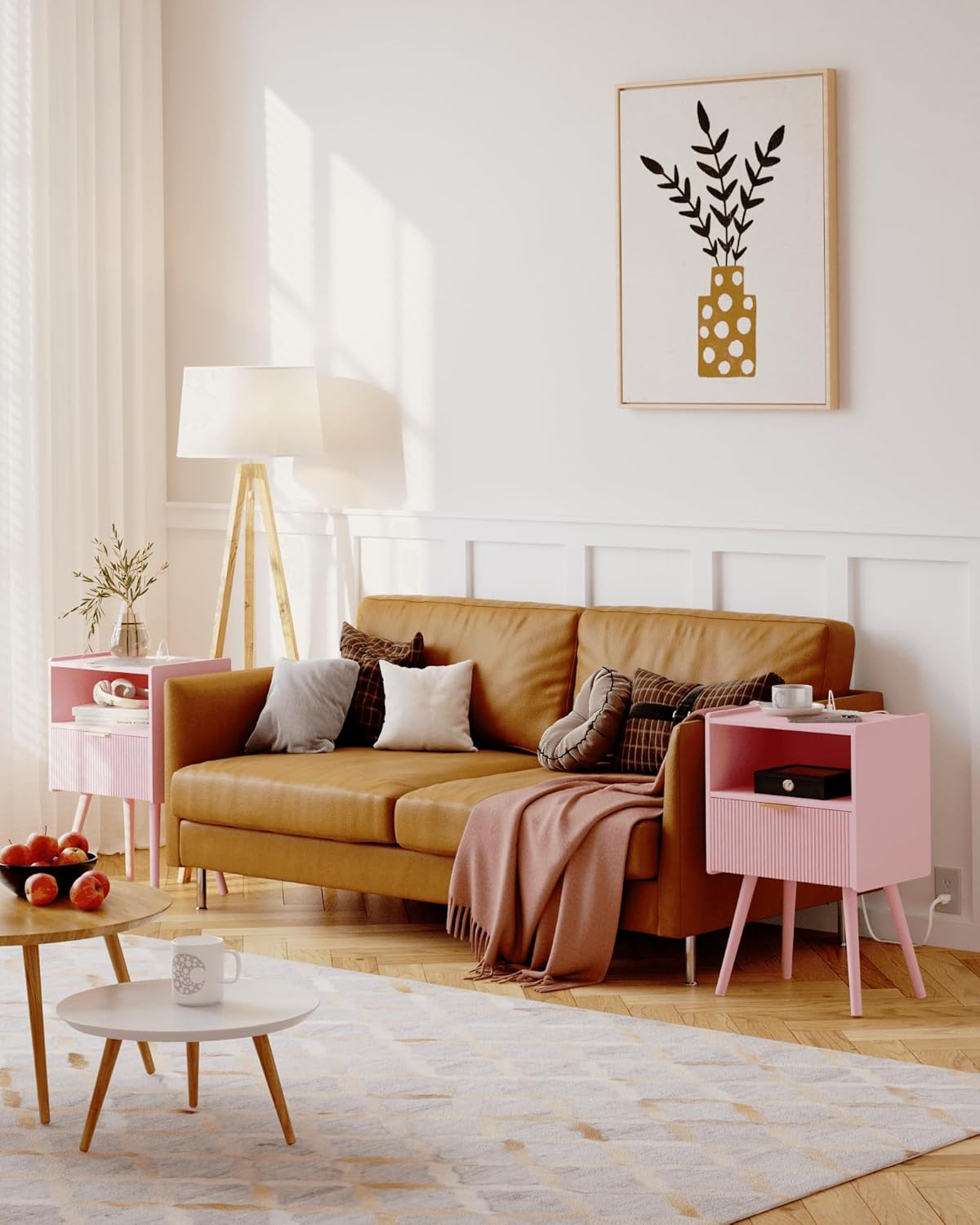 Nightstand with Oultlet,Modern Bedside Table with Storage Drawer and Open Wood Shelf, for Living Room, Bedroom and Small Spaces, Accent Night Stand with Solid Wood Legs, Easy Assembly,Pink