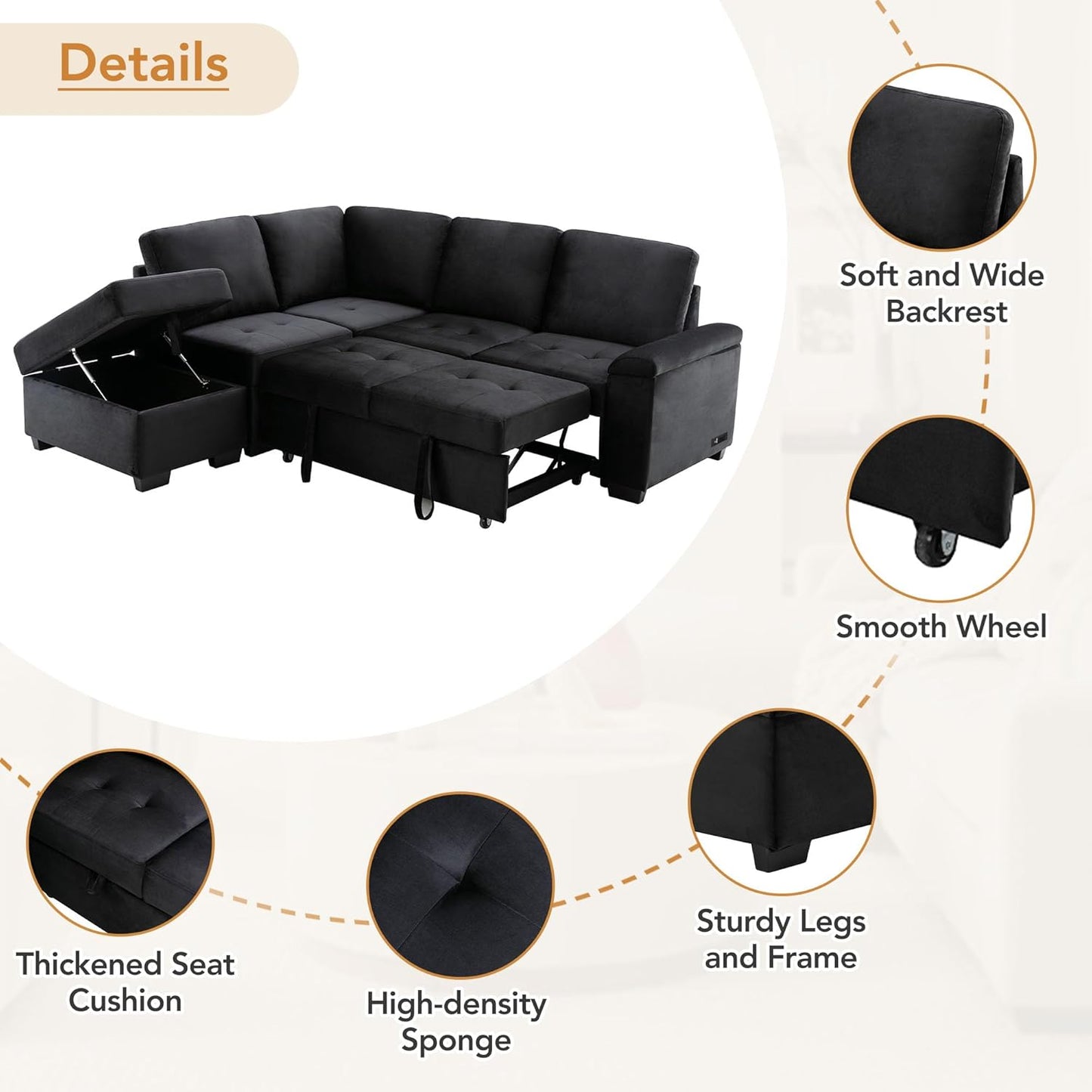 Ball & Cast Sleeper Sofa Bed L Shaped Couch with Storage Otooman and Cup Holder,L-Shaped Sectional Couch w/Hidden Arm Storage & USB Charge,4-Seater Sectional Sofa for Living Room,Apartment,Black