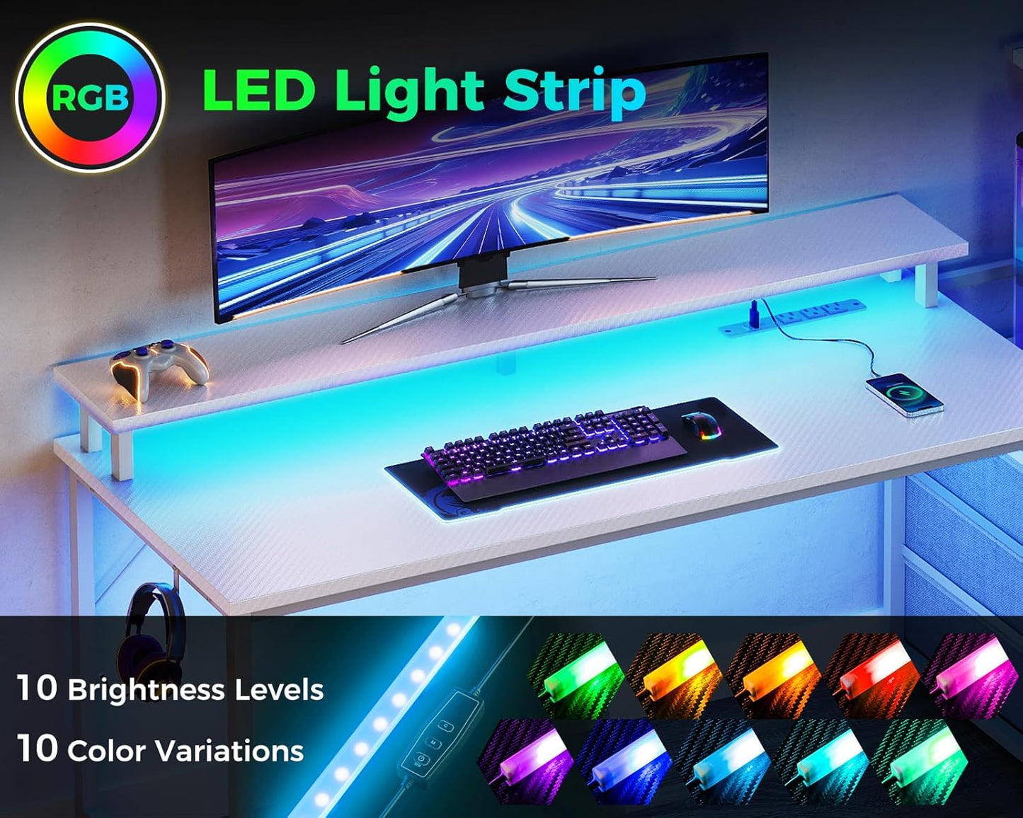 AODK 59 Inch Gaming Desk with USB Charging Ports & LED Light- Reversible Computer Desk with Storage Shelves & Monitor Stand, Modern Gamer Desk Table with Fabric Drawers & Side Hook, Carbon Fiber White