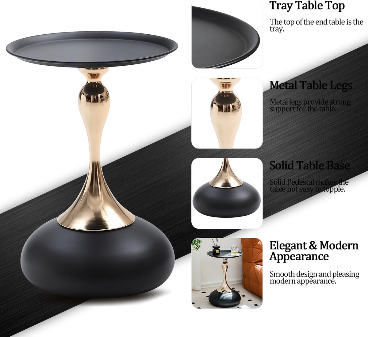 Small Black Round Side Table Pedestal for Small Spaces, Metal Unique End Table for Living Room, Modern Corner Accent Tables Drink Martini Tables