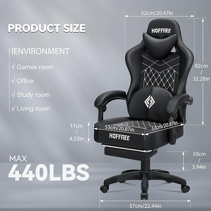 HOFFREE Gaming Chair with Speakers Massage Computer Gaming Chairs for Adults Reclining Bluetooth Game Chairs with Pocket Spring Cushion Video Game Chair with Footrest Computer Office Desk Chair Black