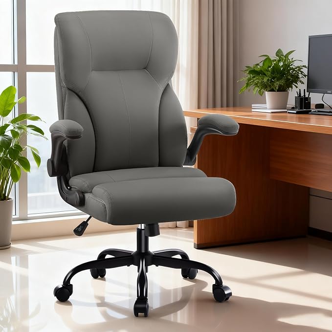 Executive Office Chair, High Back Ergonomic Comfy Desk Chair with Padded Flip-up Armrests and Wheels, PU Leather Heavy Duty Computer Swivel Rolling Task Chair for Home Office, Adults, Gray