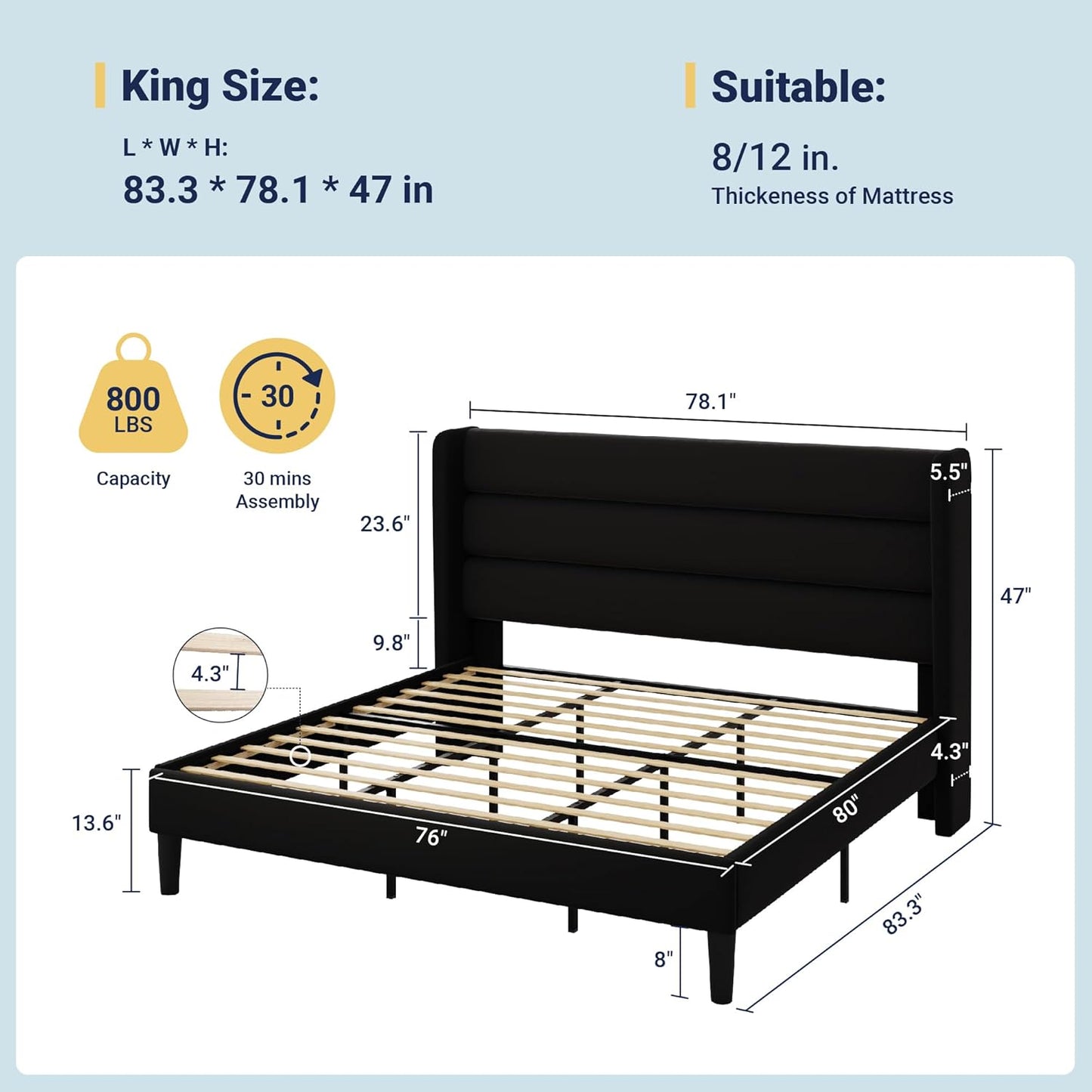 Allewie King Size Platform Bed Frame with Velvet Upholstered Wingback Headboard, No Box Spring Needed, Under Bed Storage Space, Strong Wooden Slats, Modern Mattress Foundation, Easy Assembly, Black