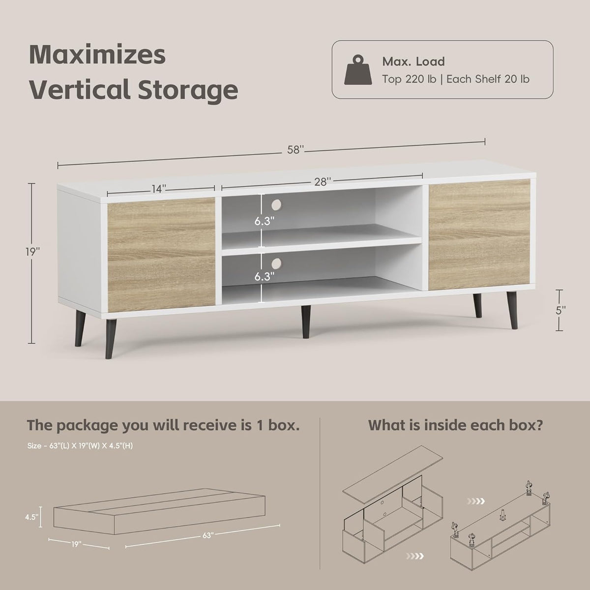 YESHOMY Modern TV Stand for 65" Television, Entertainment Center with Two Storage Cabinets and Open Shelves, Retro Style Media Console for Living Room, Bedroom, Office, 58 Inch, White & Beige