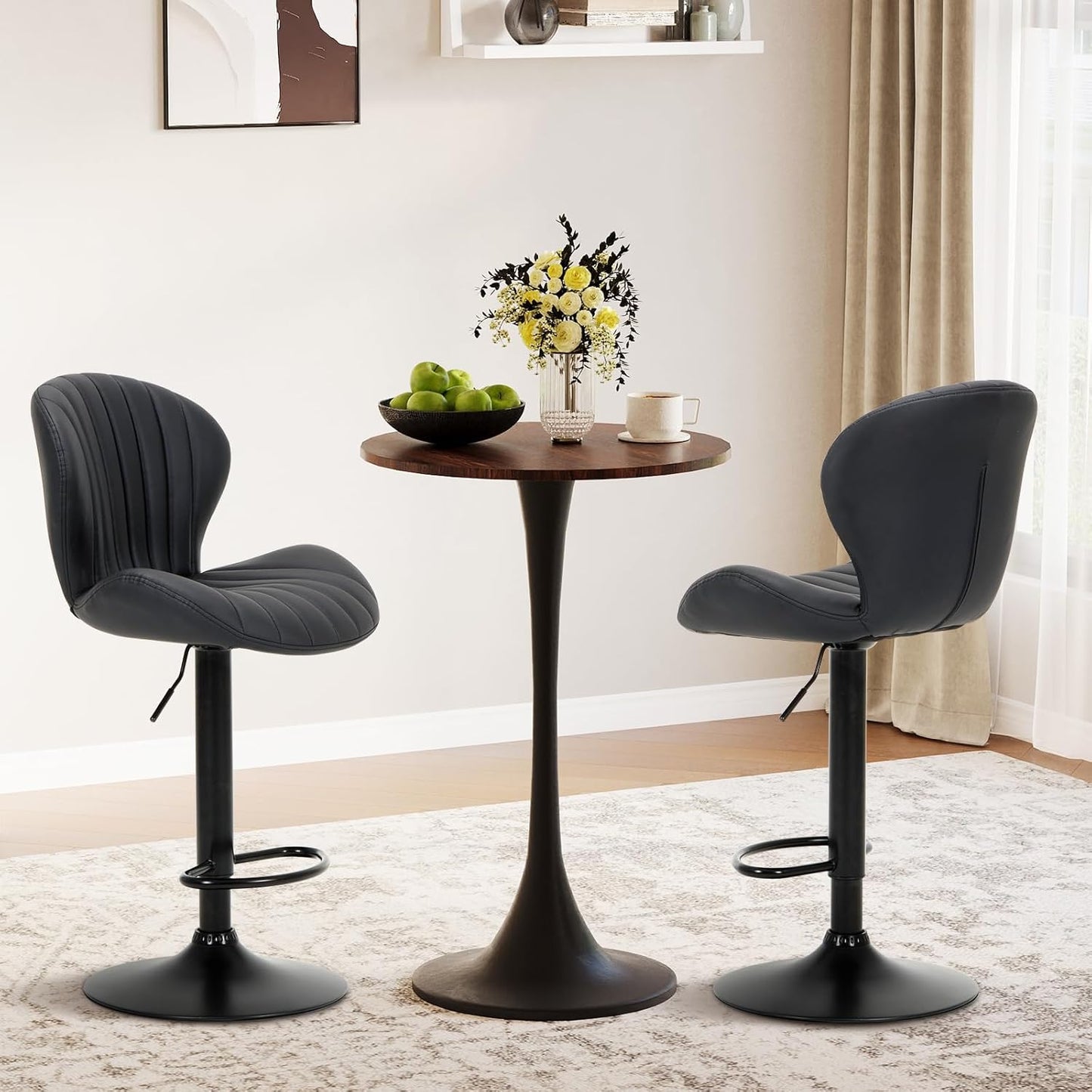 COLAMY Bar Stools Set of 1, Modern Swivel Bar Chairs, Adjustable Faux Leather Upholstered Barstools Counter Height with High Backrest for Bar, Kitchen Island, Dining Room, Black