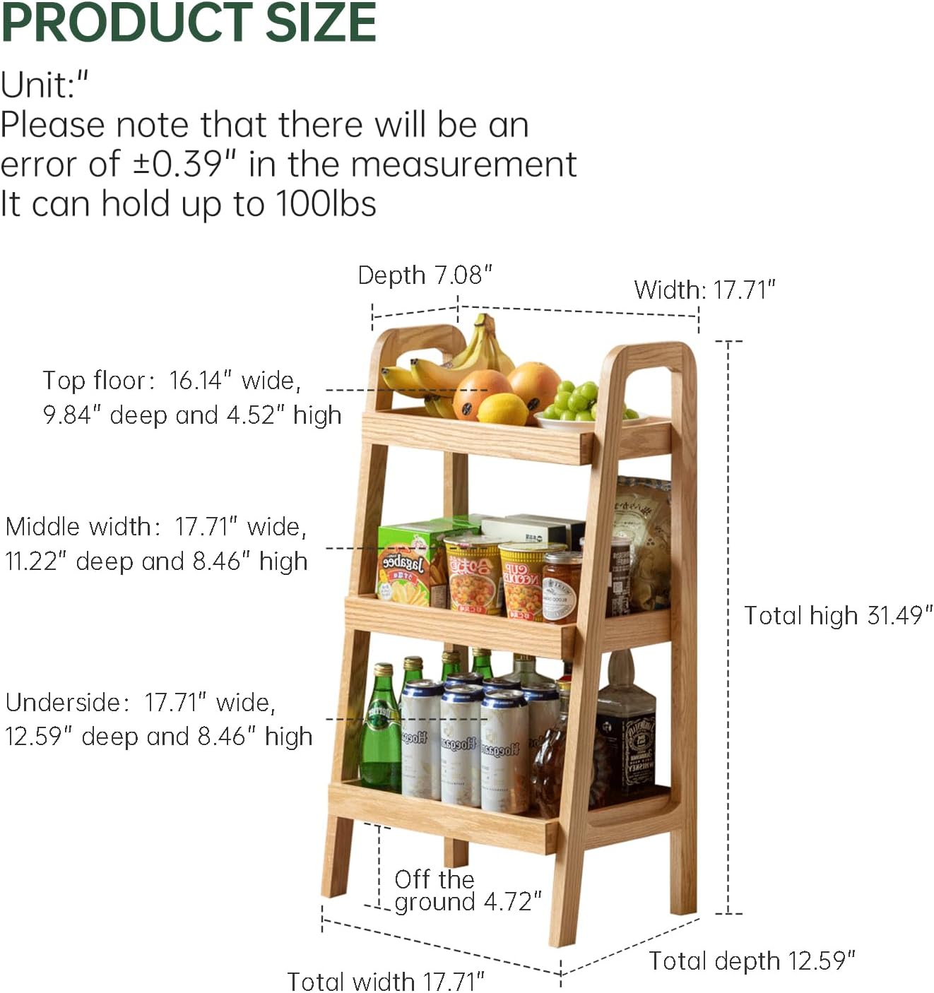 100% Solid Oak 3 Tier Ladder Shelf, Small Bookshelf, Ladder Bookshelf, Bookcase with Stable Frame, Small Table for Living Room Bedroom(Natural, 12.6" L x 17.72" W x 31.5" H)