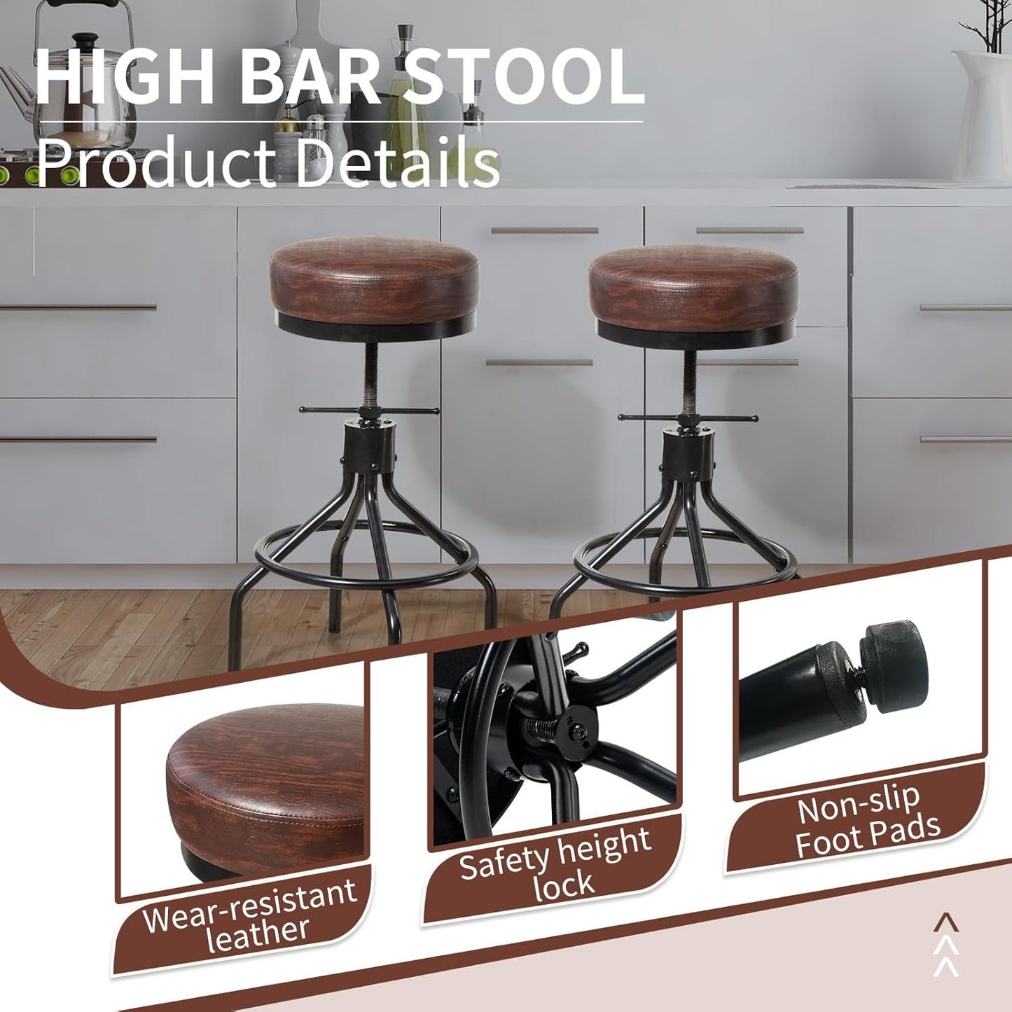 Industrial Barstools Set of 2 Adjustable Swivel Round Bar Stools Modern PU Leather 28inch Backless Counter Height Stool Metal Bar Chair for Kitchen Island (2, Walnut)
