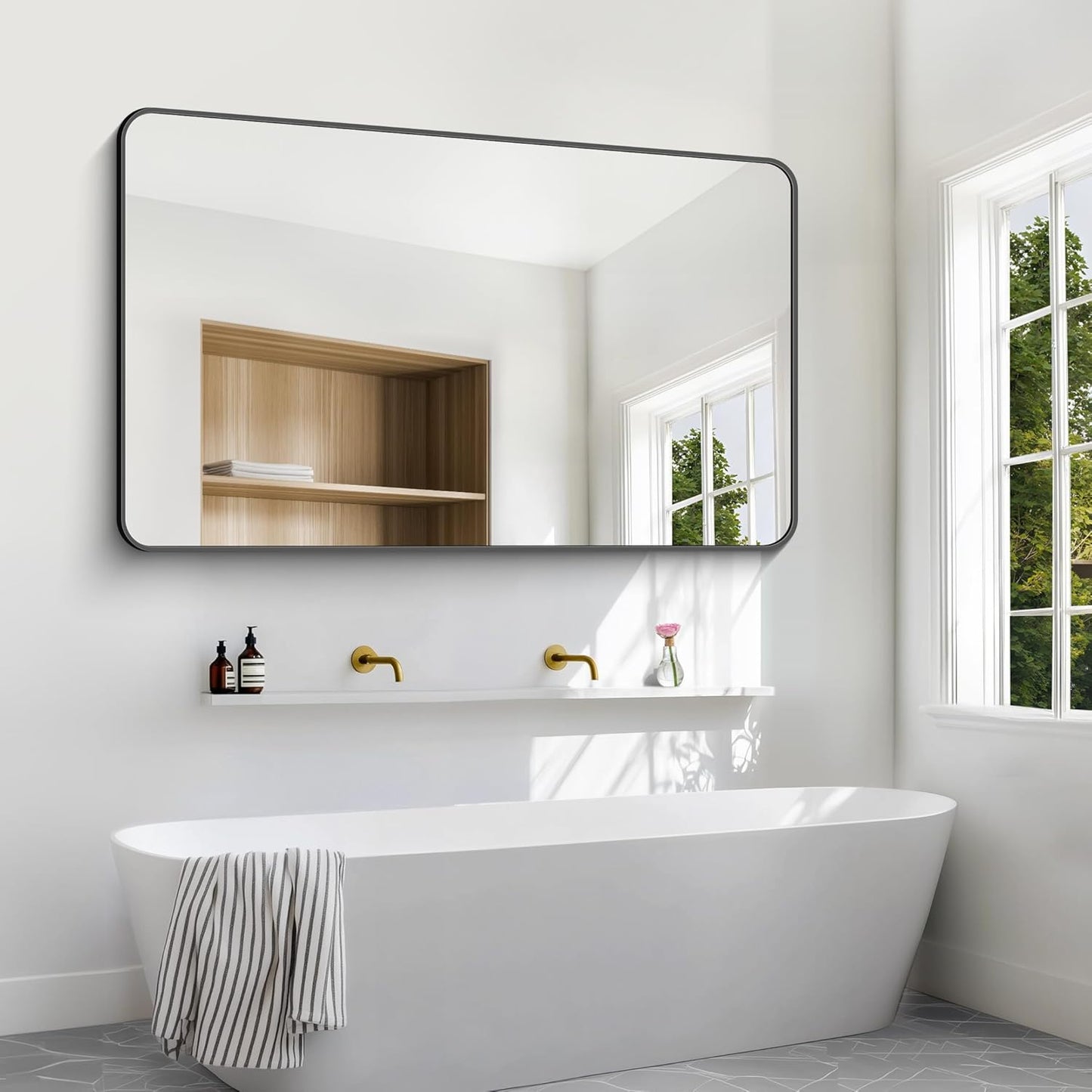 BONEWEI 60x36 inch Large Bathroom Mirror,Black Rectangle Mirror,Wall Mounted Bathroom Frame Vanity Mirror with Round Corner for Bedroom Living Room, Entryway Hangs Horizontal or Vertical