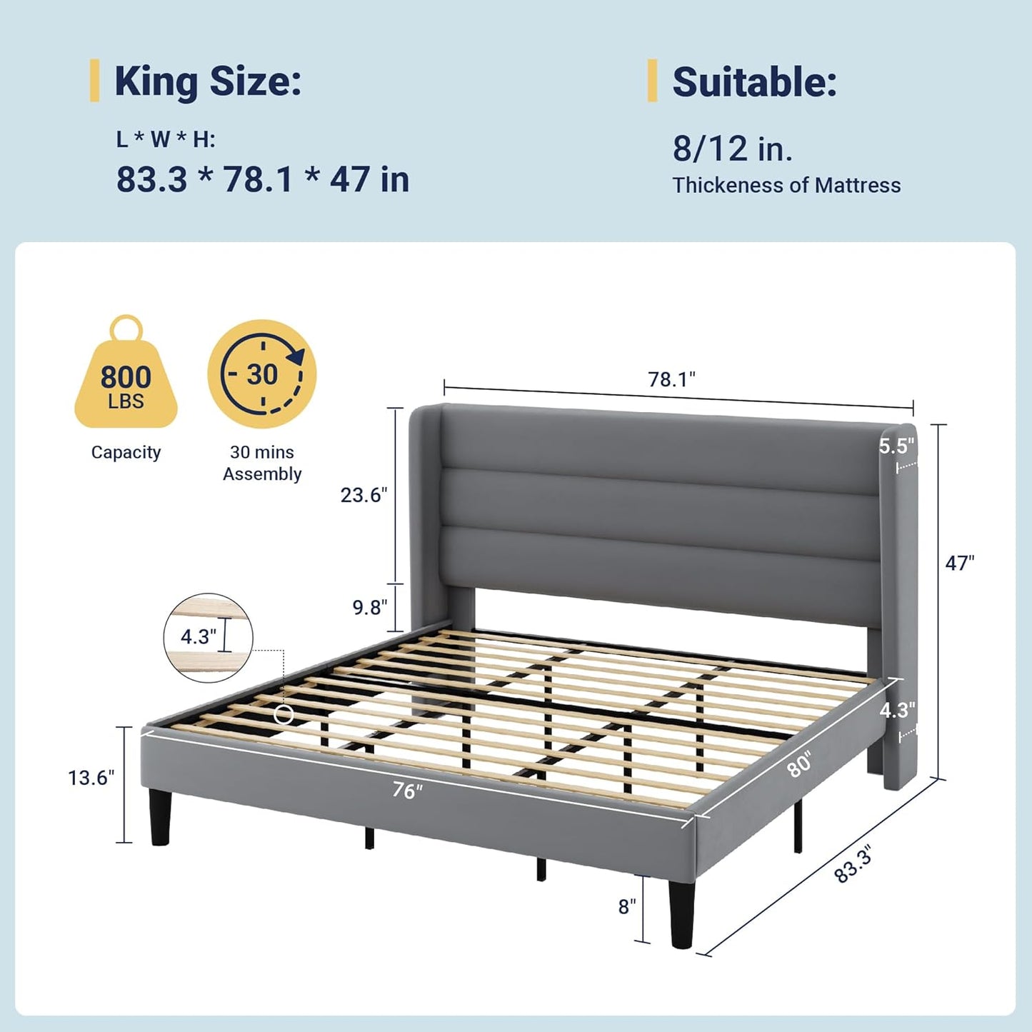 Allewie King Size Platform Bed Frame with Velvet Upholstered Wingback Headboard, No Box Spring Needed, Under Bed Storage Space, Strong Wooden Slats, Modern Mattress Foundation, Easy Assembly, Grey