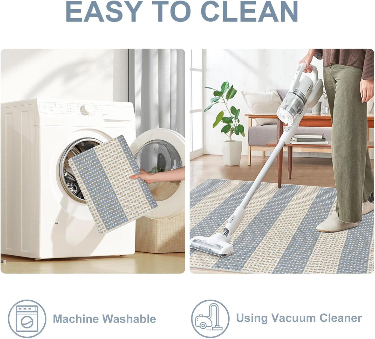 OJIA Striped Outdoor Area Rug 5'x7' Outdoor Rug, Washable Patio Rug Farmhouse Cotton Woven Bedroom Rugs Indoor Outdoor Rugs Living Room Carpet for Dining Room Deck Backyard Camping (Blue/White/Tan)