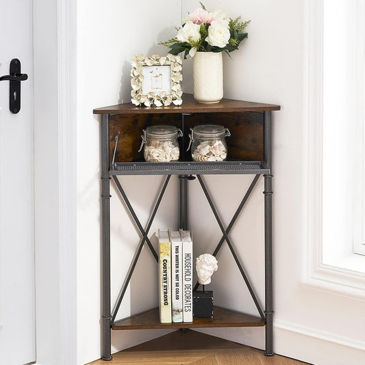 VECELO Cabinet/Table, 3-Tier Display Shelves with Protection Door, Metal Frame Storage Shelf Organizer for Small Space, Living Room, Kitchen, Bathroom, Set of 1, Brown+Black