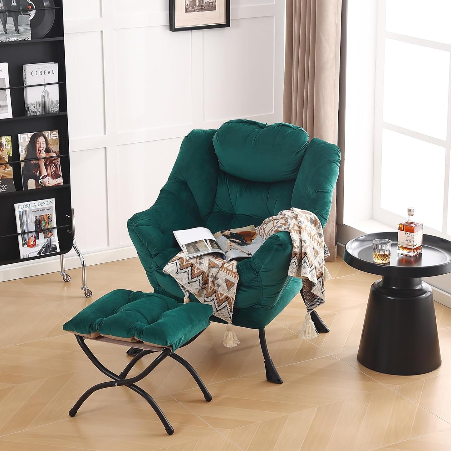LITA Lazy Chair With Ottoman, Modern Accent Leisure Upholstered Sofa, Contemporary Lounge Reading With Armrests and Side Pocket for Living Room, Bedroom & Small Space, Dark Green