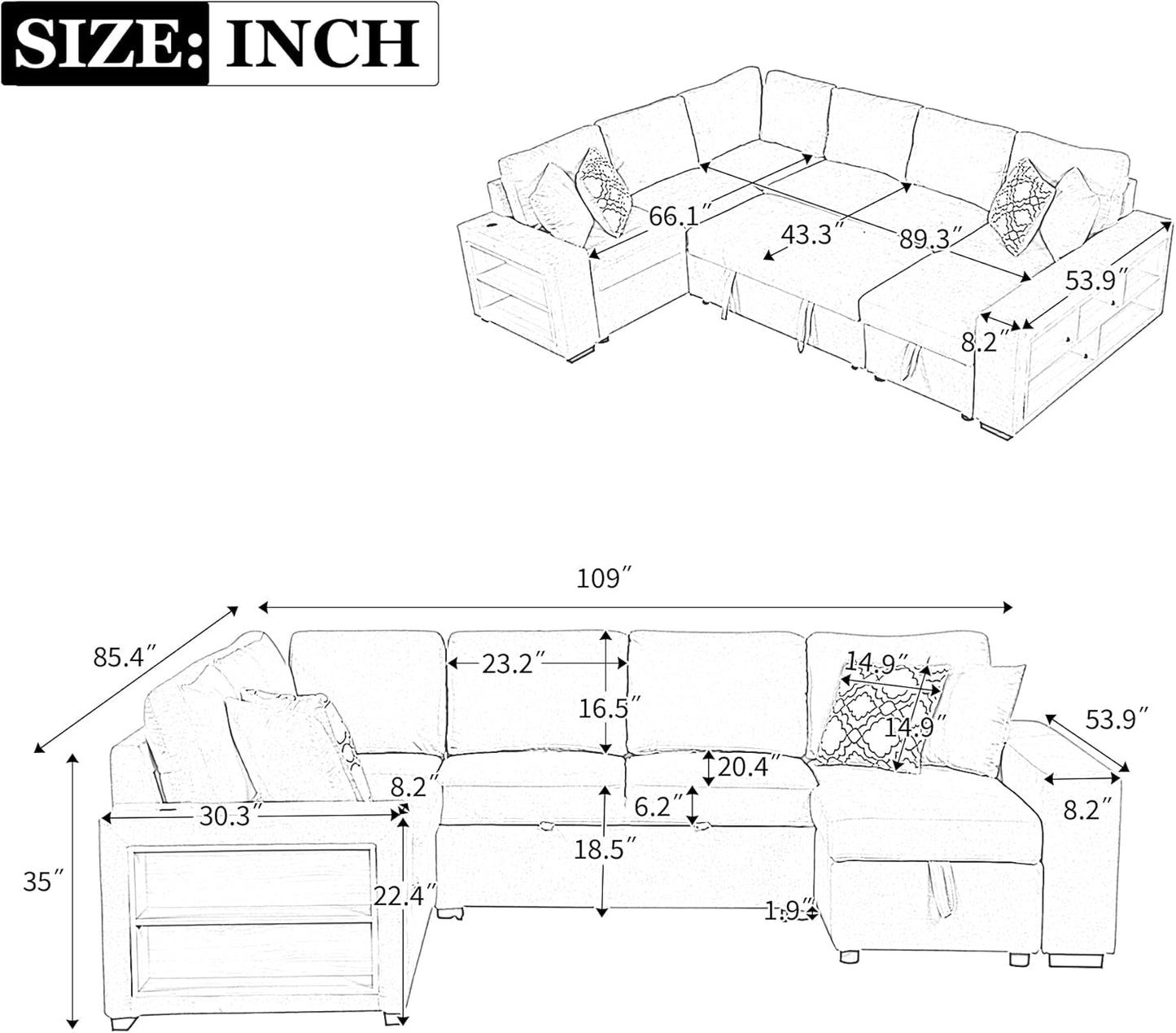 109" U-shaped Sectional Pull-out Sofa Bed with Storage Chaise,2-in-1 Convertible Couch W/ 4 Back Pillow & 2 USB Ports,Luxurious Sleeper Furniture Set for Living Room Large Space,Beige Chenille