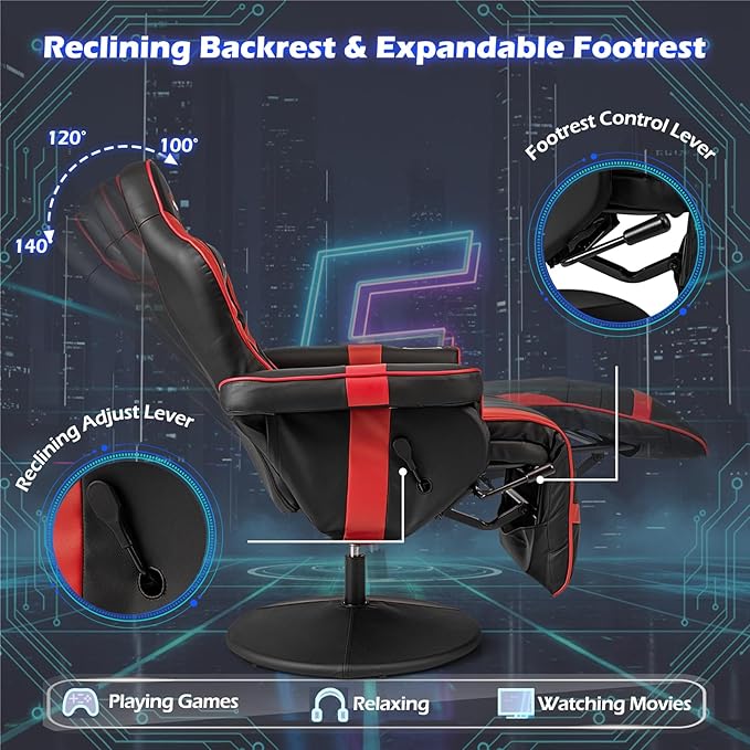 POWERSTONE Gaming Recliner, Adjustable Massage Gaming Chair with Cup Holder Footrest Ergonomic Single Sofa Living Room Home Theater Seating with Side Pouch (Red)