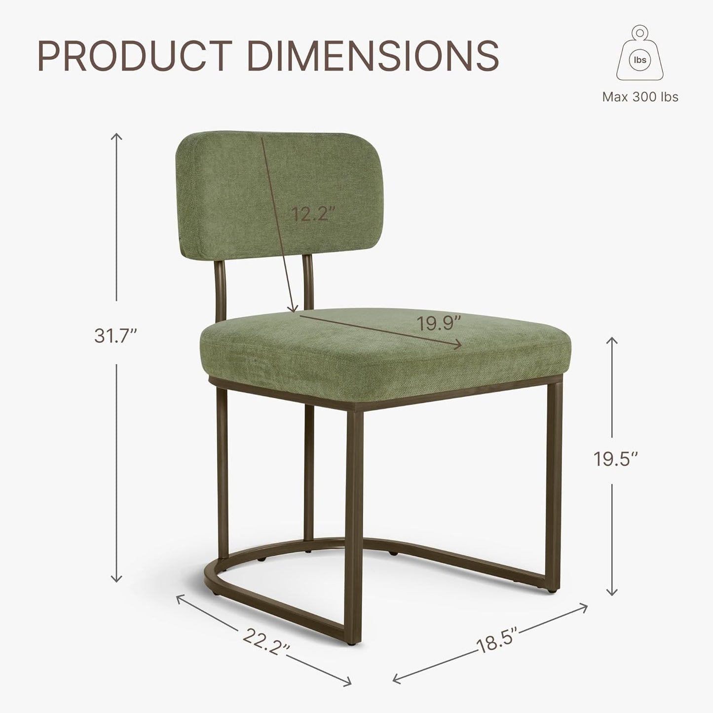 Dining Chairs Set of 2, Upholstered Modern Kitchen Chairs with Ergonomic Backrest, Fabric Cushion Seat & Metal Legs for Living Room, Restaurant, and Café, Green