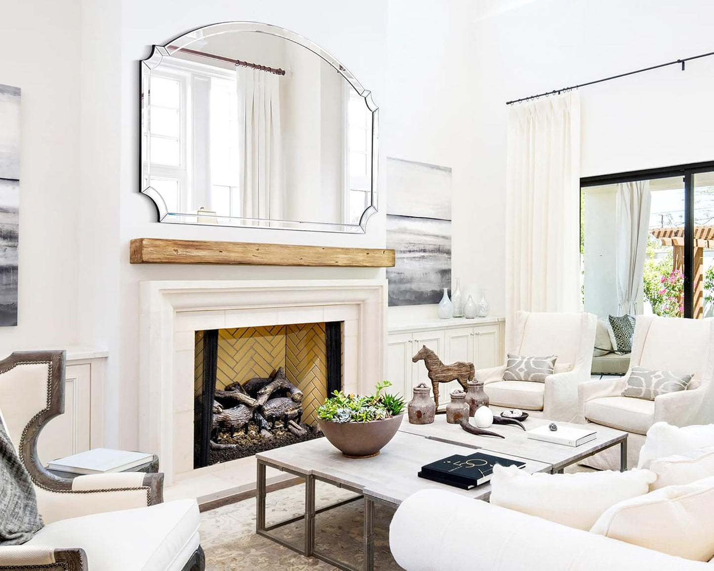 Chende Large Arched Wall Mirror with Glass Beveled Frame&Wood Backboard, 31.5" X 47.2" Horizontal Decorative Mirror Scalloped Corner for Bathroom, Living Room, Entryway, Bedroom