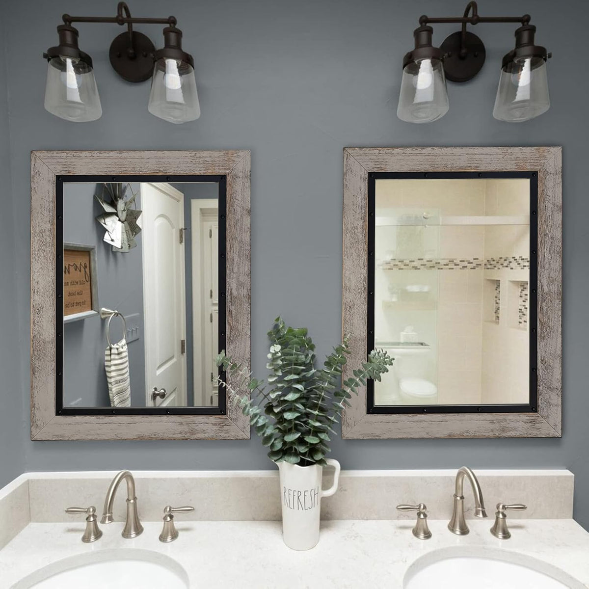 YOSHOOT Rustic Wooden Framed Wall Mirror, 30"x20", Natural Wood and Iron Bathroom Vanity Mirror for Farmhouse Decor, Vertical or Horizontal Hanging