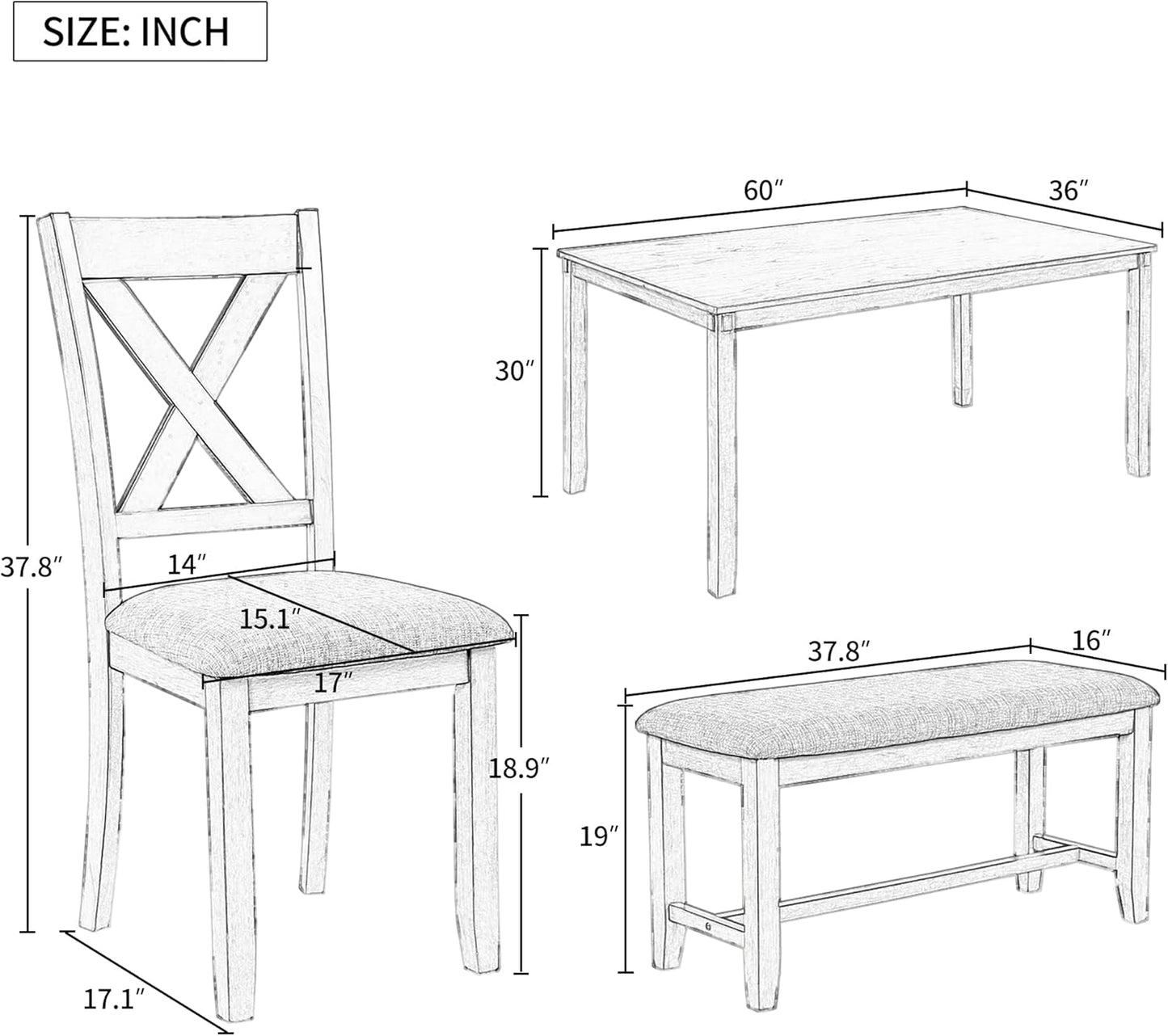 Ball & Cast 6 Piece Dining Table Set with 4 "X-Shaped Curved Backres Fabric Chairs & 1 Bench,Living Room Furniture W/ 60" Rectangle Kitchen Desk,for Restaurant,Home Bistro,Natural Cherry